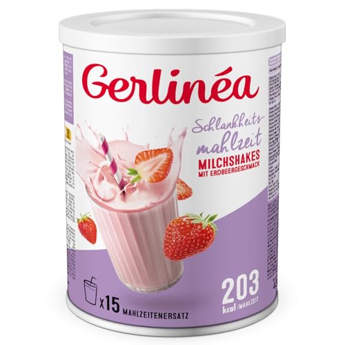 GERLINÉA – Erdbeer-Milchshake – Proteinreicher Mahlzeitenersatz mit 13 Vitaminen & 10 Mineralstoffen – Wenig gesättigte Fette – 15 Mahlzeiten, 436 g