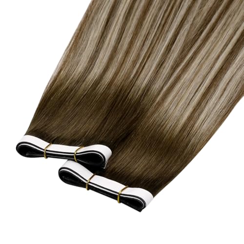 Image of LaaVoo Weft Tape Extensions Ombre Light Brown to Blonde Invisible Tape in Weft Hair Extensions Human Hair 50G Tape in Hair Extensions Balayage Brown Seamless 50G 22inch