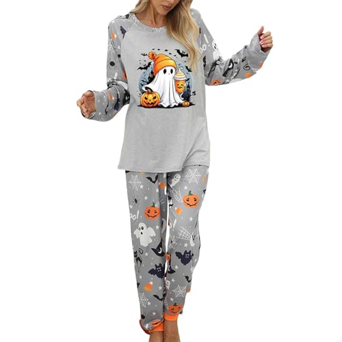Generisch Schlafanzug Damen Baumwolle Halloween Pyjama Set Kuschelig Rundhals mit Bündchen Lang Zweiteiliger Nachtwäsche Raglanärmel Sleepwear und...