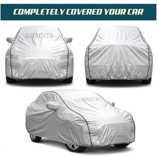 Image of Waterproof Car Body Cover for Elevate All Weather Protection Comes with Inner Cotton Lining & Triple Stitched with Mirror & Antenna Pocket Belt & Elastic Fit Metallic Silver with Black Piping2