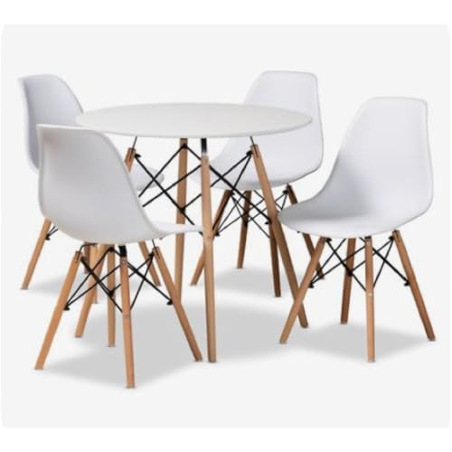 Orion91 Conjunto Mesa 4 Patas Blanca 80x80x76cm + 4 Sillas Polipropileno Color Blanco y Patas en Madera Haya 46,5 x 48 x 82 cm Comedor Oficina Salón Teletrabajo Cocina – SpazioLuzio 