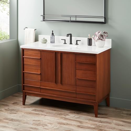 Signature Hardware 955207-48-UM-3 Sybill 48" Freestanding Mahogany Single Basin Vanity Set with Cabinet, Vanity Top, and Oval Porcelain Sink - 8" Faucet Holes - Washed Walnut/Arctic White
