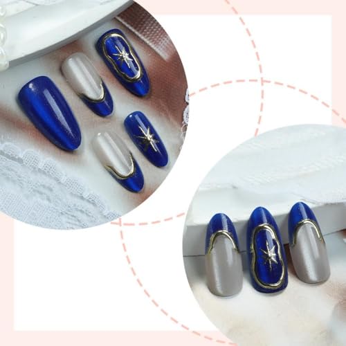 Image of Blue Nail Press ons Star Fake Nails with Gold Line Design Glitter Glue on Nails French Tip Stick on Nails Glossy Artificial Acrylic Medium Almond False Nails for Women Girls Shiny Manicure 24Pcs