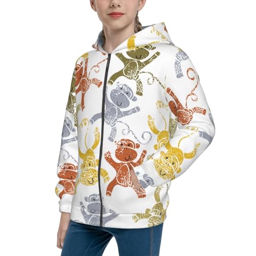 Cartoon Monkey Kids Pullover Hoodies Boys Zip Up Sweatshirts Girls Athletic Clothes with Pocket