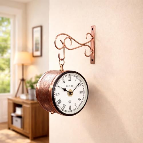 Image of Handcrafted Double Side Metal Analog Vintage Wall Clock | 1.5 Year Machine Warranty | 6 INCHES | 1 Side Number 1 Side Roman,Color Copper