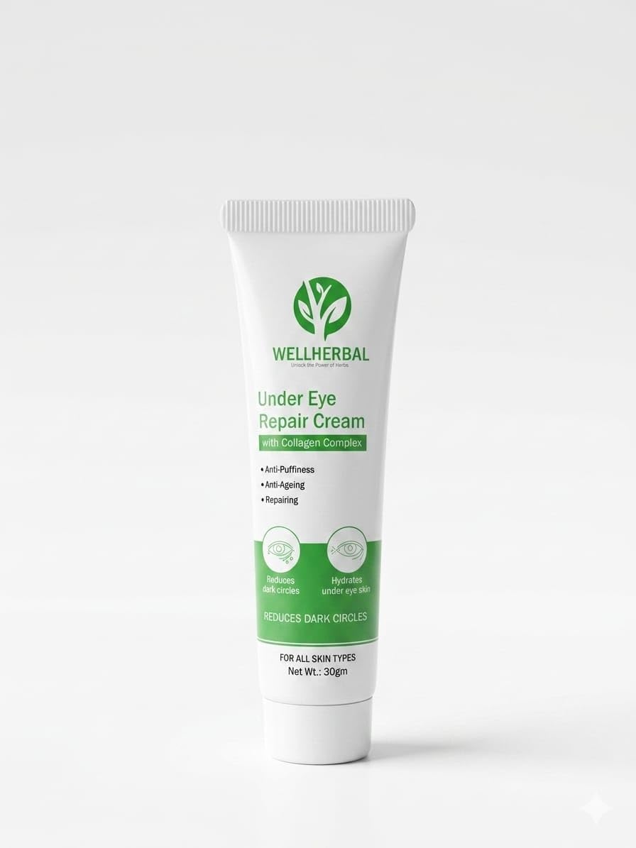 wellherbal under eye repair cream with collagen complex – anti-puffiness, anti-ageing & repairing formula – reduces dark circles, hydrates under eye skin – for all skin types (30gm)