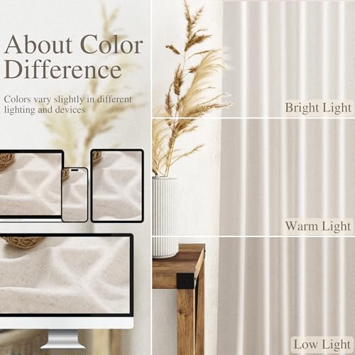 Image of Extra Long Tan Beige Curtains 144 inch Length 2 Panels Set Back Tab Neutral Farmhouse Drapes Light Filtering Semi Sheer Linen Curtain 144 inches Long for Floor to Ceiling Window Patio Sliding Door