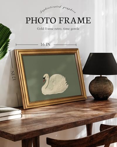 Image of VIYYIEA Vintage Gold Framed Wall Art for Living Room, Swan Canvas Prints Home Decor, Oil Painting Picture, Bedroom Wall Decor Gifts for Friends or Family -【Swan Green】-(16L x 12W)