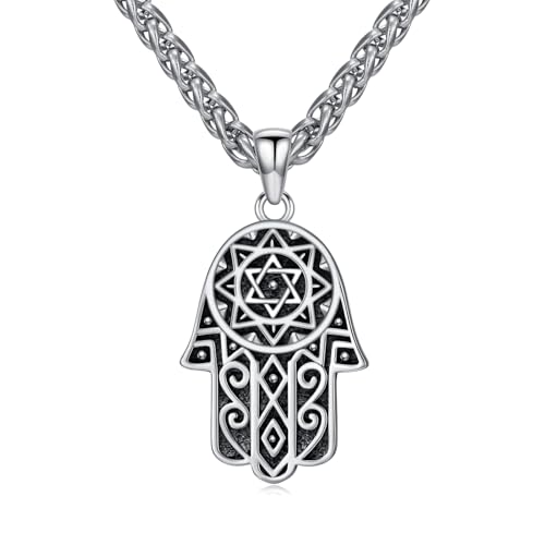 Hamsa Hand Necklace 925 Sterling Silver Hand of Fatima with Star of David Pendant Jewish Jewelry Women Men