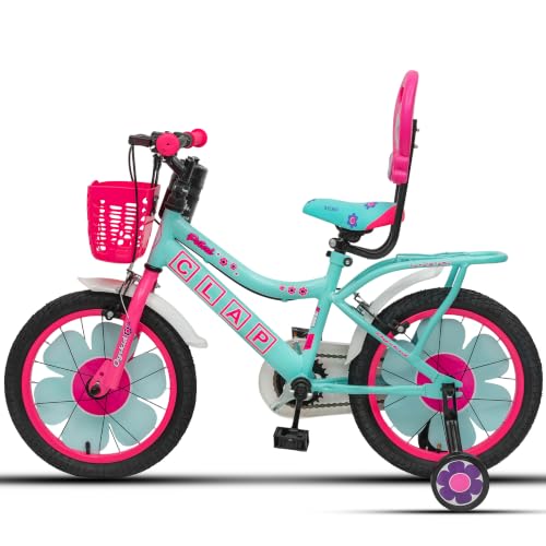 Image of Petal 16T Kids Bicycle with Training Wheels | Backrest, Basket & Full Chain Cover | Ideal for Girls Aged 5-7 Years (Sea Green-Pink, 16T)