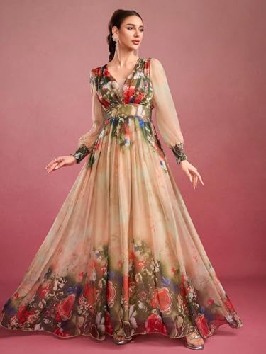 Image of TOLEEN Summer Casual Dresses for Women 2024 Spring Fashion Boho V Neck Long Sleeve Ruffle Floral Print Elegant Maxi Dress
