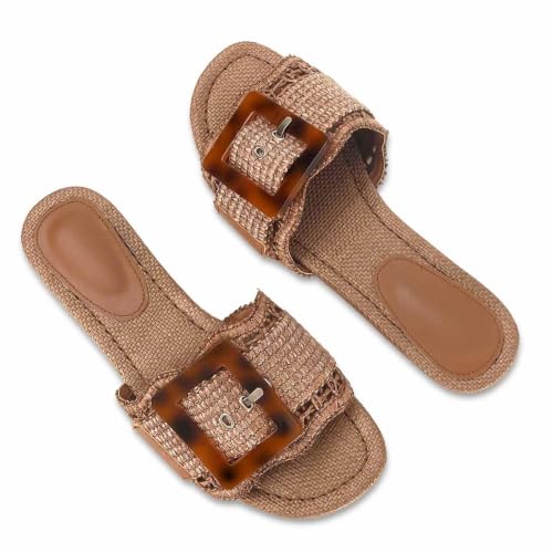 Image of ZJGZF Raffia Sandals for Women Buckle Straw flats Woven Braided Rattan Slides Summer Beach Sandals Comfort Cute Shoes