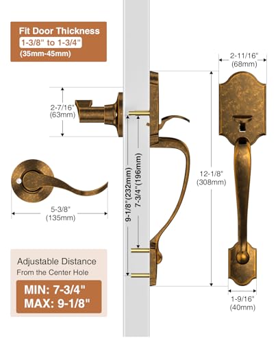 Image of Brightify Vintage Brass Front Door Handle No Lock, Classic Exterior Door Handle, Entry Door Handle Reversible for Left & Right Hand Doors
