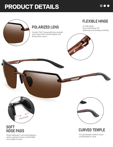 Image of BIRCEN Mens Polarized Sunglasses for Driving: Rimless UV Protection Sun Glasses with Al-Mg Frame for Fishing Traveling Golf