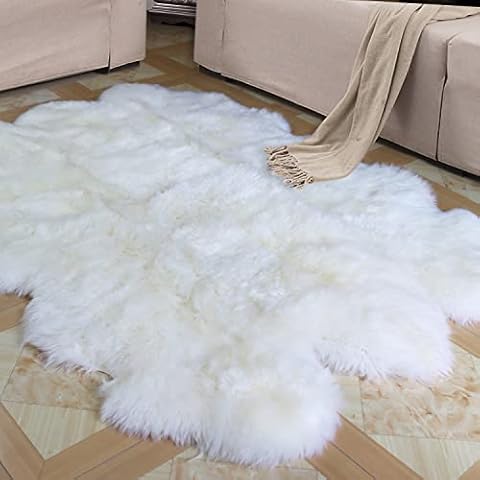 Champlus Sheepskin Rug Genuine Australian Sheepskin Area Rug 5x7 ft, Real Fur Rug for Bedroom, Living Room, Nursery, Soft Fluffy Rug for Kids and Adults Thick Silky Sheepskin Throw, 6 Pelt White Cover