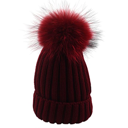 USANDY Womens Pom Pom Beanie Hat Winter Fur Hairball Knit Cap Wine