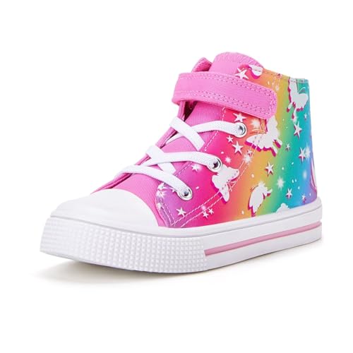 FUNCOO PLUS Kids Toddler Sneakers Girls Boys High Top Canvas Shoes Unisex-Child Casual Shoes, Rainbow Butterfly, 2 Big Kid