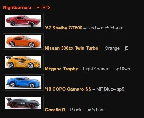 Hot Wheels Car 2024 Nightburberz Pack of 5 (67 Shelby GT500, Nassan 300ZX Twin Turbo, Megane, 2018 Copo Camaro SS, Gazella R) Multi - Color