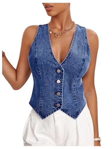 Floerns Women's Sleeveless Denim Vest Asymmetrical Hem Button Down Waistcoat