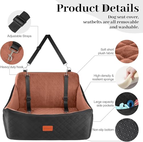 Wooaidagg Dog Car Seat for Medium Sized Dog Up to 55lbs,Super Soft Fabic Pet Car Seat Filling in Memory Foam, Car Dog Bed with Safety Belt Loops,Fully Detachable and Washable (Black/Brown,Large)
