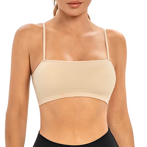INIBUD Sports Bras for Women Bandeau Padded Ribbed Bralette Adjustable Strap Workout Square Neck Seamless Crop Top Backless4