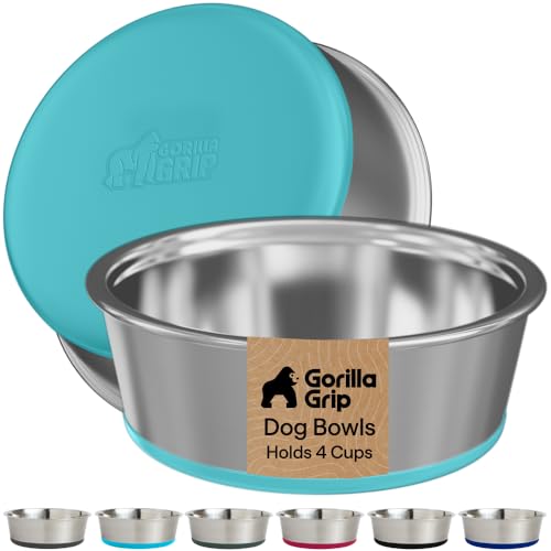 Image of GORILLA GRIP Dog Bowls, Food Grade 304 Stainless Steel Holds 4 Cups Each (32 fl oz) Food and Water Bowl for Feeding Dogs and Cats Dishwasher Safe Rust Resistant BPA Free Rubber Base Set of 2 Turquoise