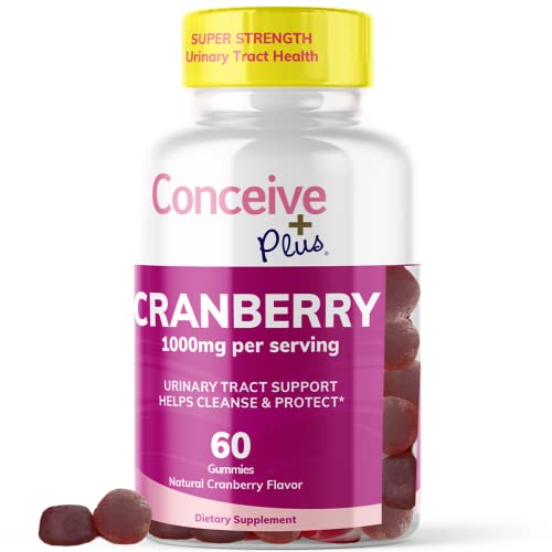 Conceive Plus Cranberry Gummies 1000mg - Super-Strength Cranberry Extract Supplement for Urinary Tract Health - Natural Cranberry Flavor - Gelatin-Free Cranberry Chews for Men, Women, Kids - 60 Count