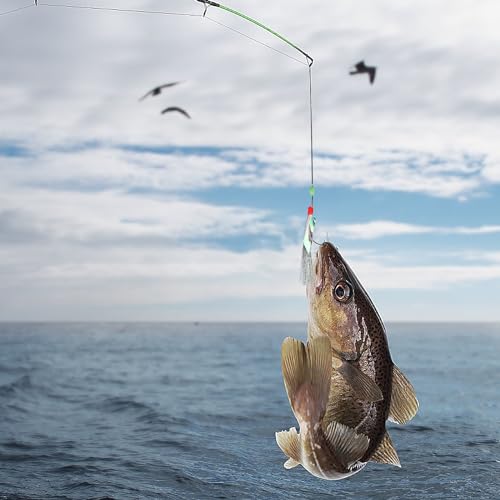 10 Stück Makrelenfeder-Rigs mit leuchtenden Perlen, bionische Fliegende Insekten, Köder für Makrelen, Seelachse, Hering, Barsch