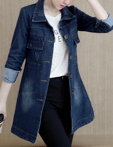 Womens Classic Long Denim Jacket Trendy Lapel Slim Jean Button Down Jackets Shackets Coat Windbreaker Outerwear4