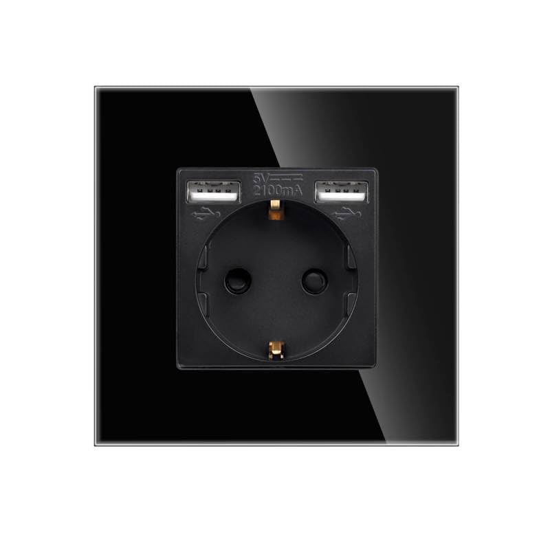 LEDBOX Base enchufe EU 16A + cargador rápido USB A+A, KOOB frontal cristal negro
