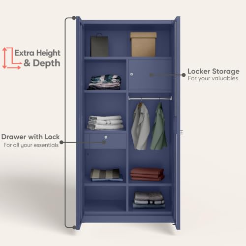 Image of Interio by Godrej Errol 2-Door Steel Almirah (Textured Phiroja Blue), 1-Year Warranty, 1 Locker, 1 Drawer, 5 Shelves