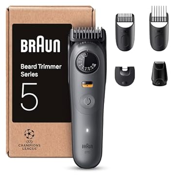 Braun Regolabarba Uomo Series 5, Rasoio Elettrico Barba Braun, +5 Strumenti Styling, Lama Ultra Affilata, 120 Min Autonomia, Impermeabile, Selettore di Precisione Con 40 Lunghezze&Blocco BT5525 Grigio
