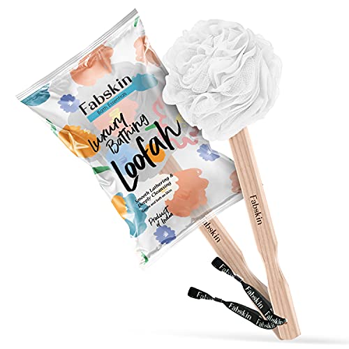 Image of Fabskin Bath Brush Loofah With Wooden Handle | White | For Men and Women | Back Bath Scrubber | Loofah For Back Bathing | Made In India