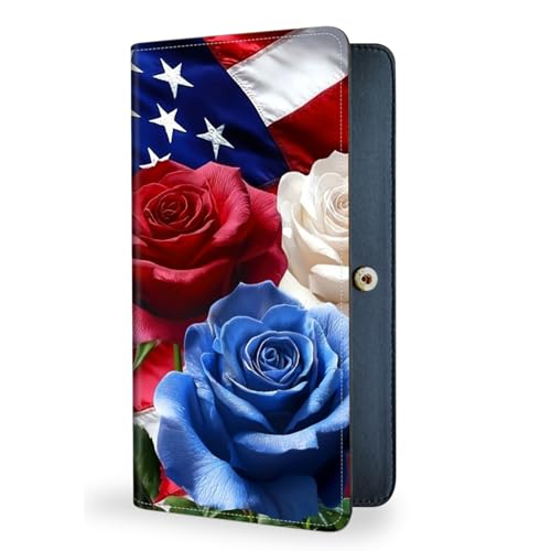 Womens Wallet,RFID Blocking Credit Card Slim Thin Holder,Long Bifold PU Leather Card Organizer,Cash Clutch Billfold Pocket Ladies Minimalist Travel Wallets,American Flag Roses