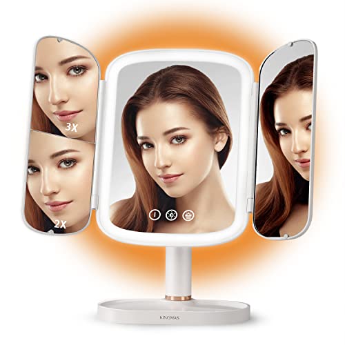 KingMas Make-up-Spiegel mit Lichtern, 1x 2X 3X Vergrößerung, Sonnenuntergangslicht auf der Rückseite, kostenpflichtig 5000mAh, Berührung kontrolliert, 3 Farben verstellbar, LED Schminkspiegel Cover