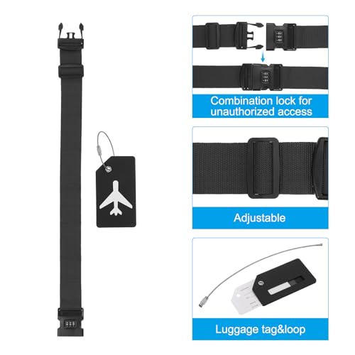 Image of PATIKIL Luggage Strap with Combination Lock Luggage Tag and Loop 78 inchx2 inch, 4 Set Adjustable Suitcase Belt for Travel Packing Bag Closure Identify, Black