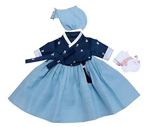 100 Day Birth Korea Baby Girl Hanbok Traditional Dress Outfits Celebration Party Navy Blue Set