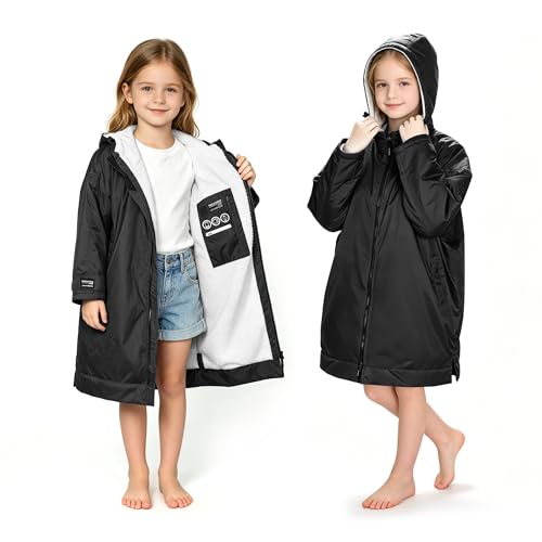 Catalonia Kids Swim Parka with Hood, Waterproof Sherpa Lined Swim Coat for Boys Girls, Surf Jacket with Inner Pocket & Write-On Name Tag for Swimming, Surfing, Pool, Beach & Stadium, Black