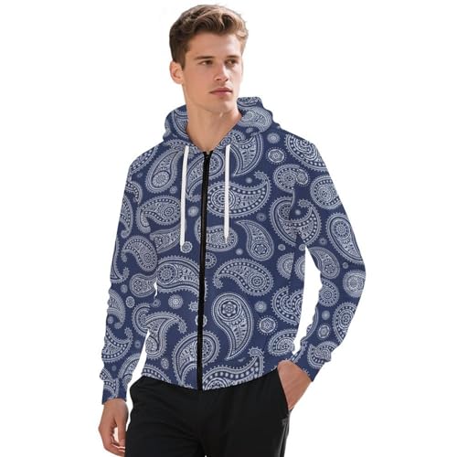 Blue Paisley Bandana Men's Hoodie Full-zip Hooded Sweatshirt Zip-up Pockets Jackets
