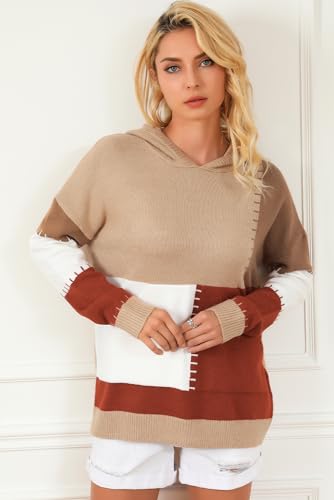 Women's Cozy Brown Color Block Kangaroo Pocket Hooded Sweater 5