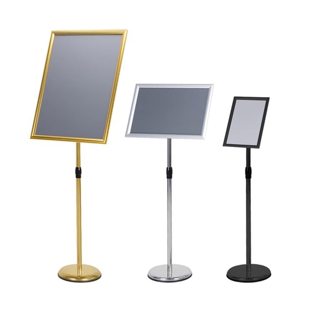 Soporte de Suelo Ajustable para Carteles con Base metálica Resistente y Marco a presión reemplazable para exhibidores publicitarios.