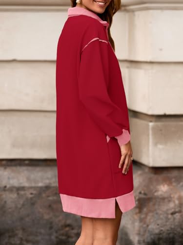 Image of Wenrine Womens Half Zip Sweatshirt Dress Fall V Neck Contrast Mini Dresses