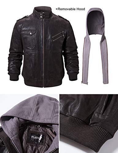 Image of FLAVOR Men Brown Leather Motorcycle Jacket with Removable Hood | Genuine Leather, Removable Hood, Windproof, Multi Pockets, Fall Winter Coats, Riding and Daily Wear, Moto Biker Jacket Men