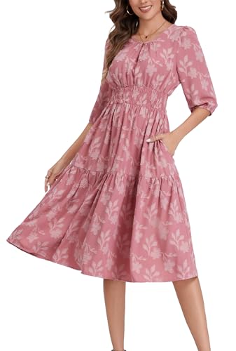 Image of Kormei Women Casual Boho Floral Round Neck 3 /4 Sleeve Smocked Waist Tiered A Line Flowy Swing Midi Dress Long Dresses