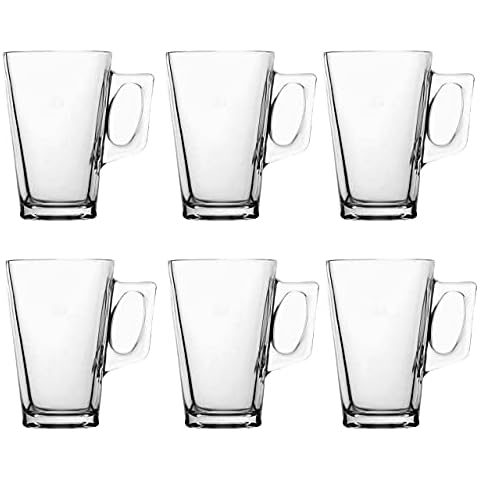 Straame - Set of 6 Latte Glasses, 240 ml Temperature Resistant - Stylish Coffee/Tea Cups, Hot Drink Cafe Mugs - Ideal for Ice Cream Latte, Espresso, Cappuccino & Hot Chocolate - Clear Mugs with Handle Cover
