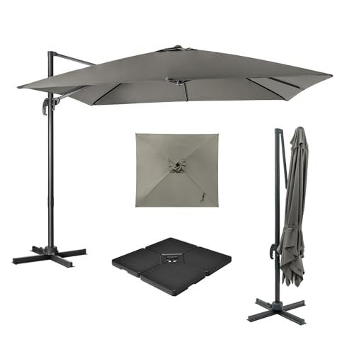 COSTWAY Parasol de Jardin Extérieur avec Pied, Base 4 Plaques, Parasol Déporté Carré 3x3M à Manivelle, Inclinable et Rotation à 360°, Anti-UV, 8...