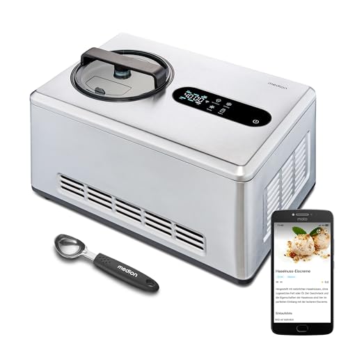MEDION smart ice cream maker with compressor (self-cooling, app control incl. recetas de helado, pantalla LED, 2 litros, helado de yogur, acero inoxidable, MD12170)