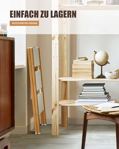 ATTESTIERER Trittleiter 3 Stufen klappbar,150 kg Kapazität mit Anti-Rutsch-Pedal,Tragbarer Tritthocker aus Alu,einfach zu verstauen,Innen- und Außenbereich, ästhetisches Aussehen,Weiß Holz Look