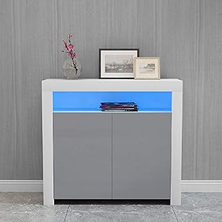 Panana Modern Furniture 2 High Gloss Doors Sideboard Storage Cabinet with RGB Multicolor LED Lighting (White+Grey)