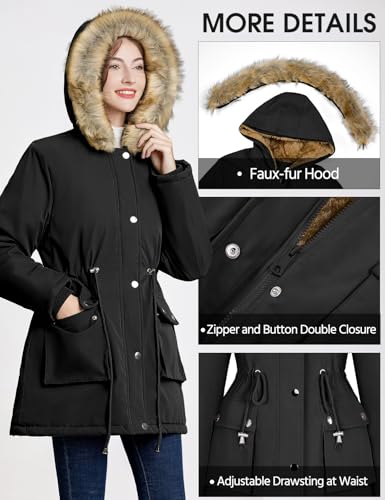 Lonya Winterjacke Damen Parka Winter Mäntel Fleecejacke Warm Mittellang Wasserabweisend Dicke Coat mit Kapuze Schwarz,M